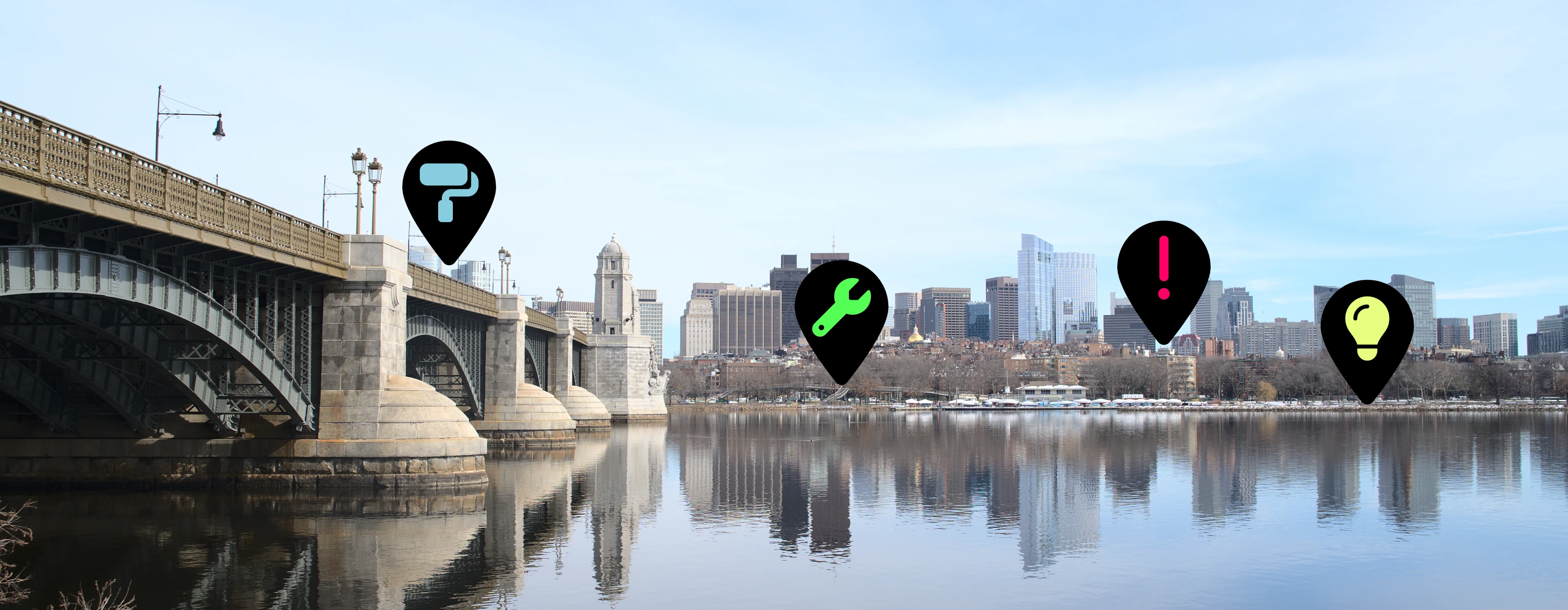 a city skyline with a paintbrush, wrench, exclamation, and lightbulb icon in various places